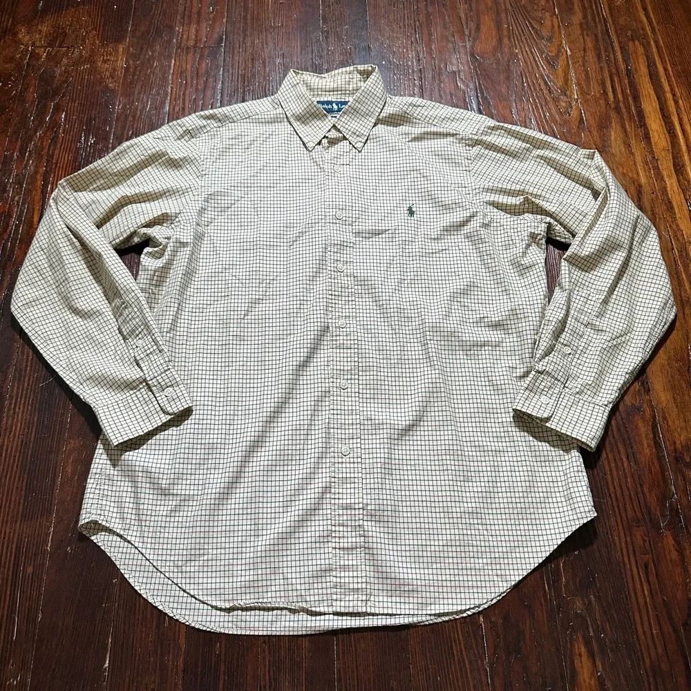 Ralph Lauren Shirt Mens Large Tan Window‎ Pane Plaid Classic Fit Preppy Dressy